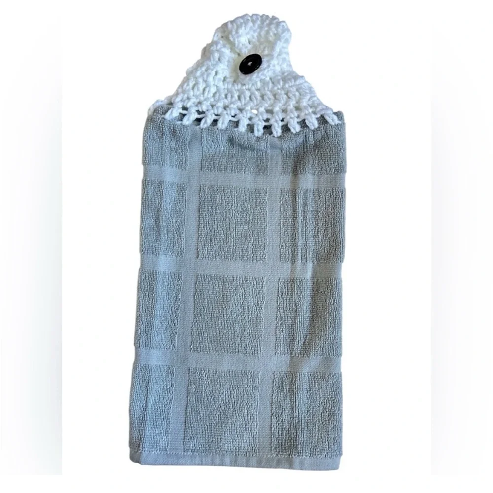 Hand Crafted Gray Hanging Hand Towel Crochet Top Kitchen or Bathroom